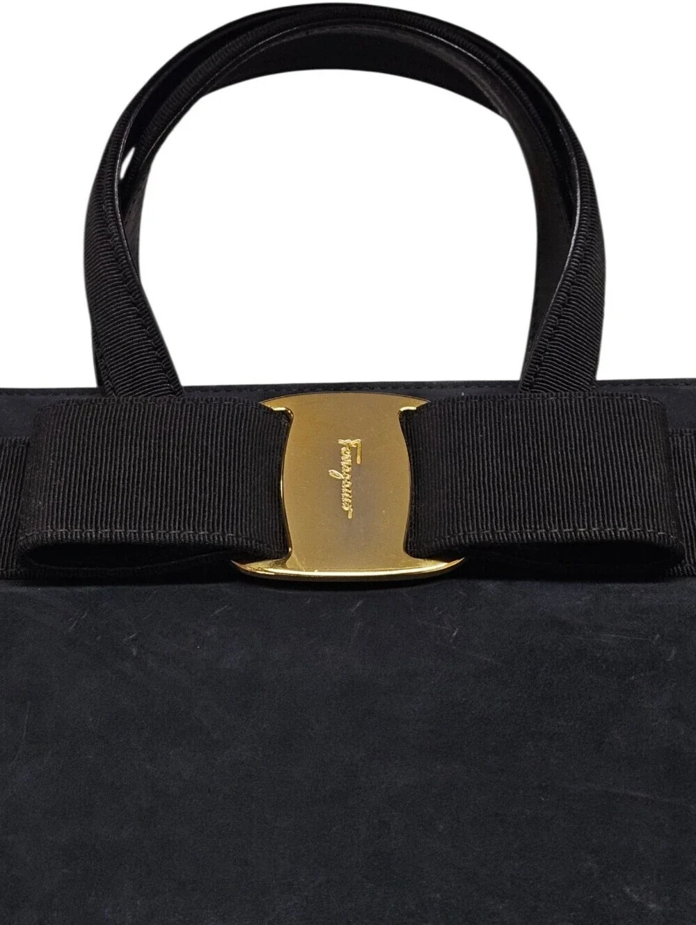 Salvatore Ferragamo Black Vara Bow Handbag In Navy Blue Suede And Gold